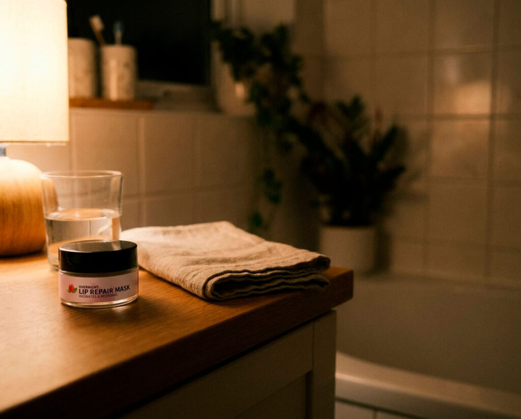 Overnight lip repair mask on bedside table