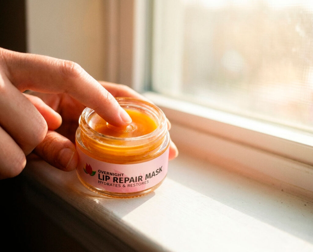 Hand dipping into overnight lip repair mask jar