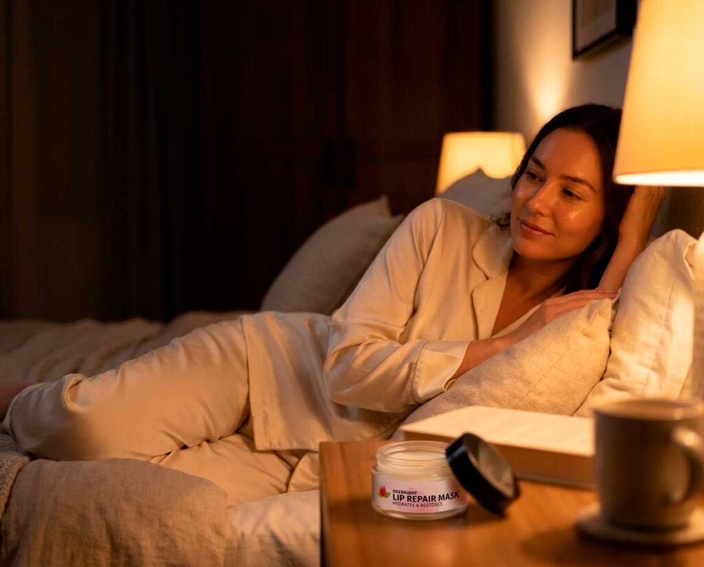 Woman relaxing in bed with lip repair mask