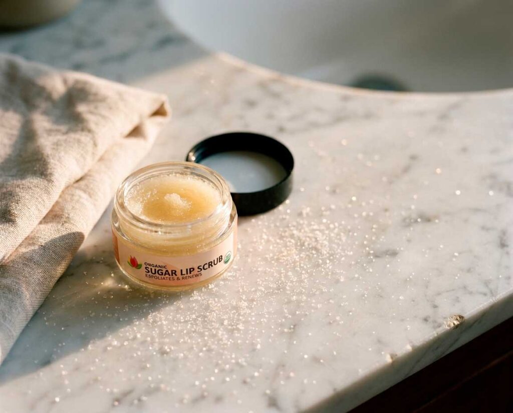 Open jar of organic sugar lip scrub