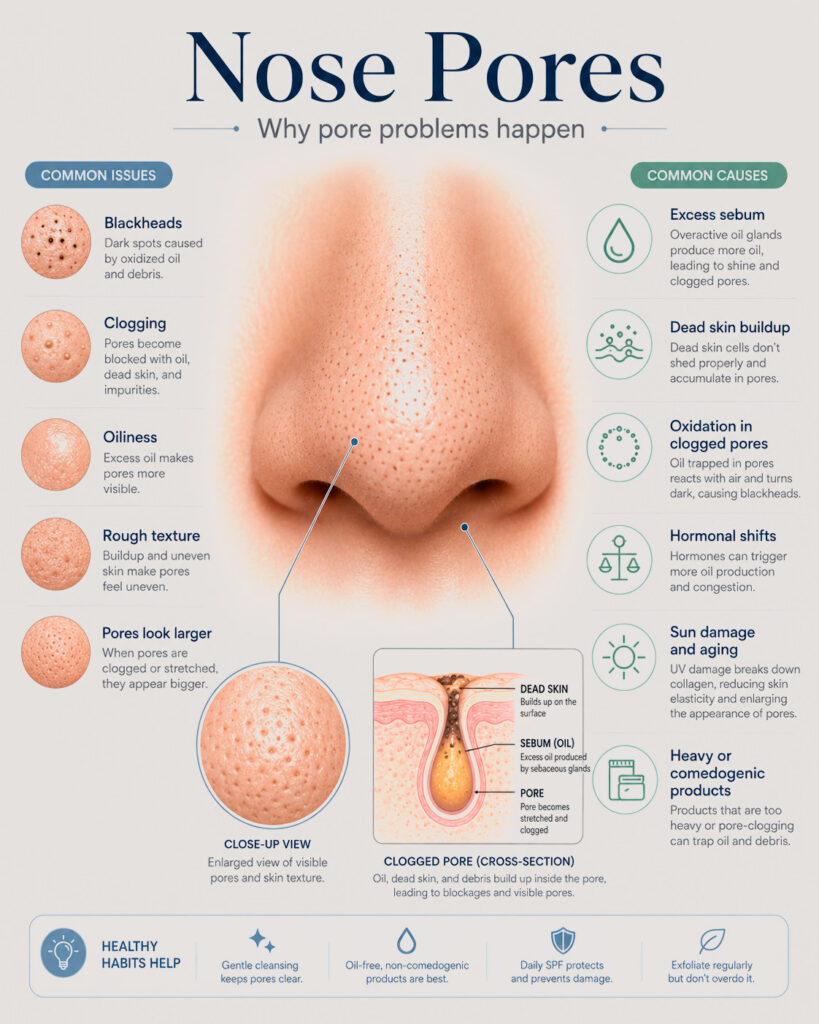 Infographic explaining nose pores and common causes