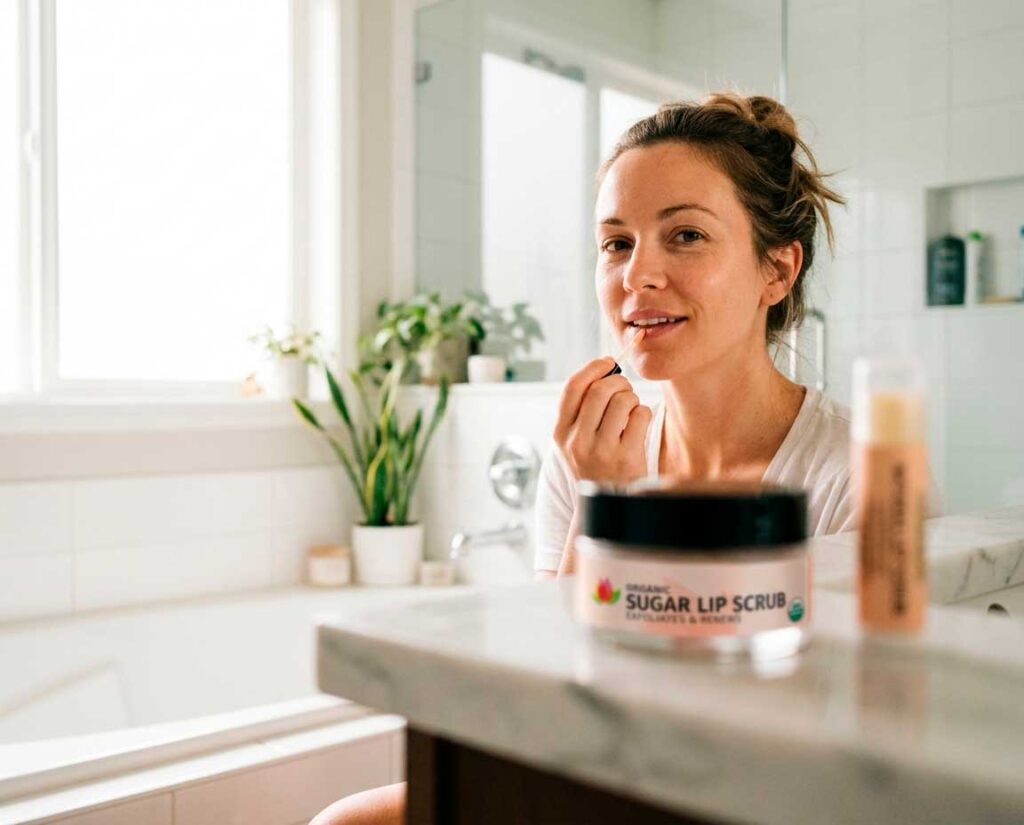 Woman applying lip scrub in bathroom mirror