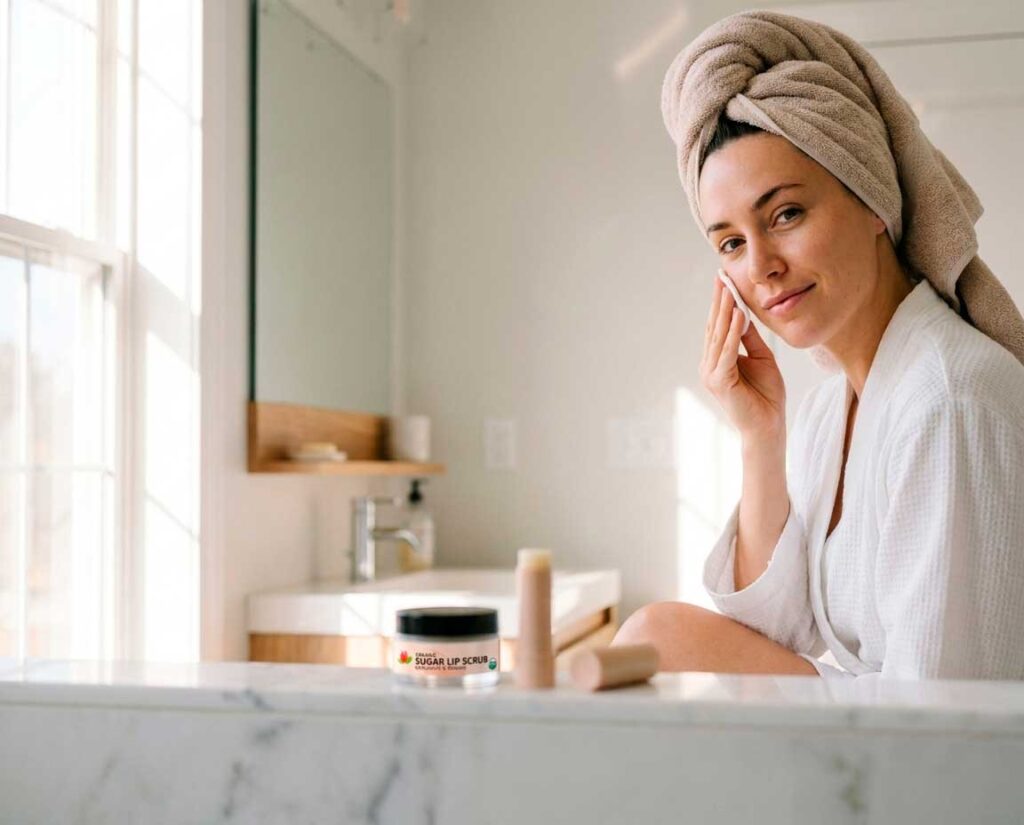 Woman applying skincare in bright bathroom