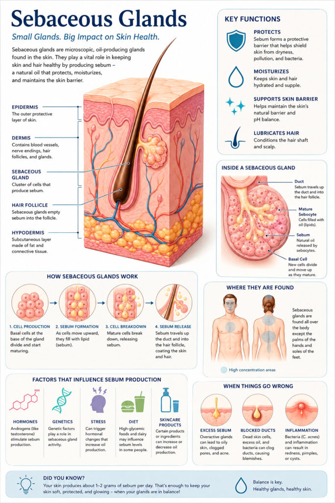 Infographic of sebaceous glands and skin structure
