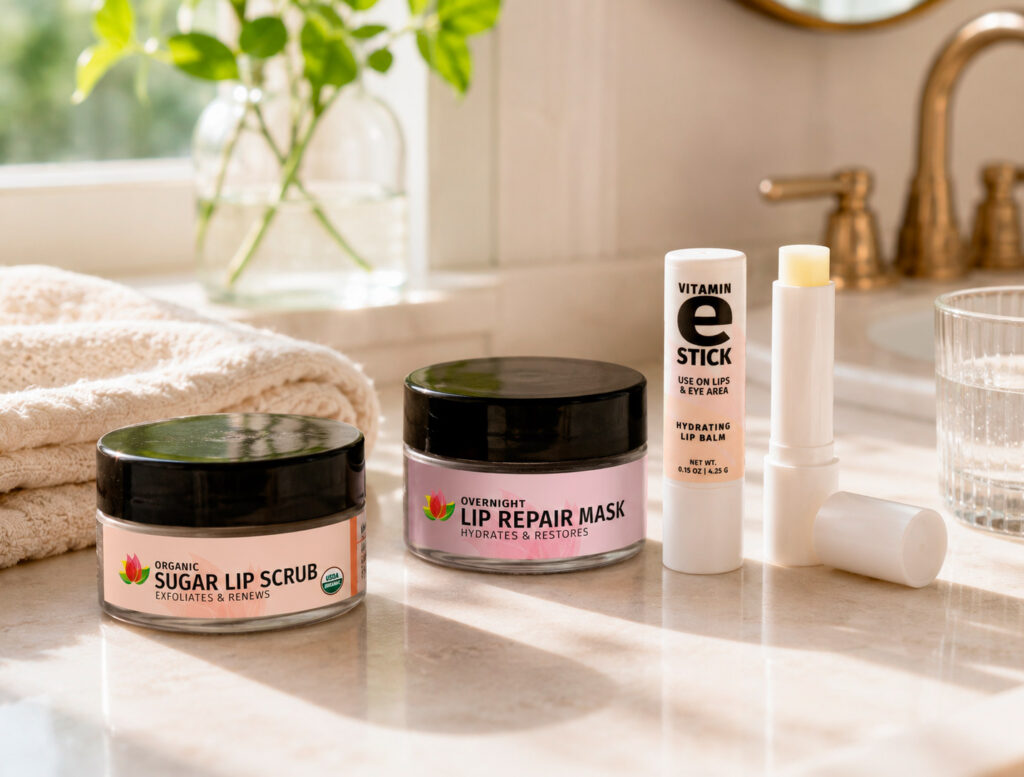 Lip care products on bathroom countertop