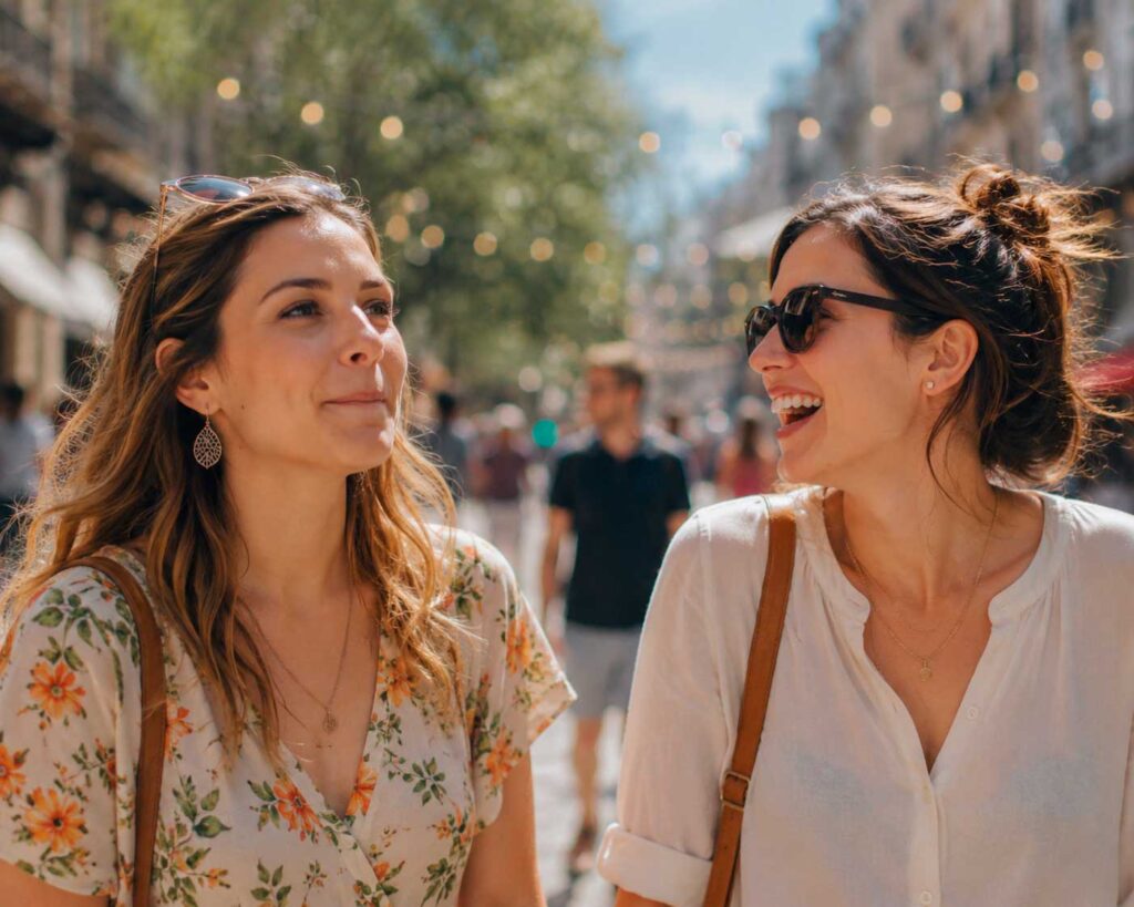 Two women laughing on sunny city street
