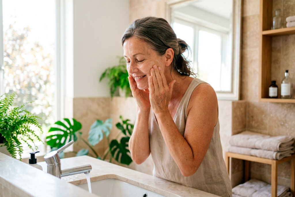 Woman applying skincare at bathroom sink