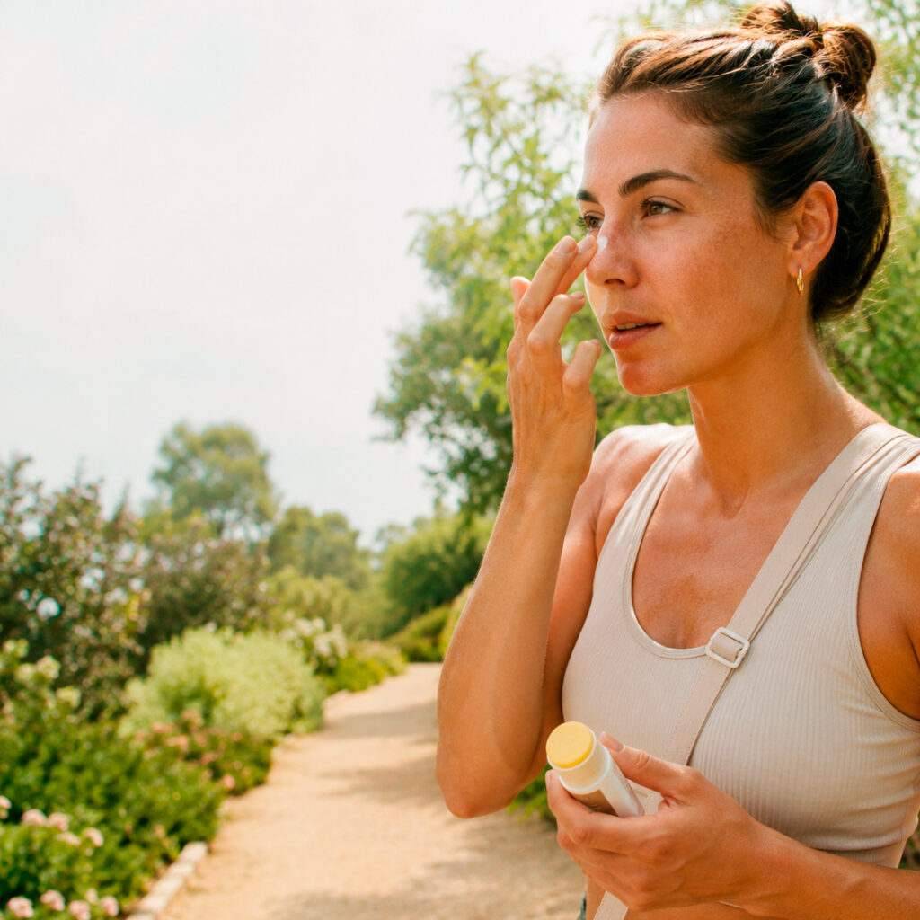 Woman applying sunscreen stick on sunny trail