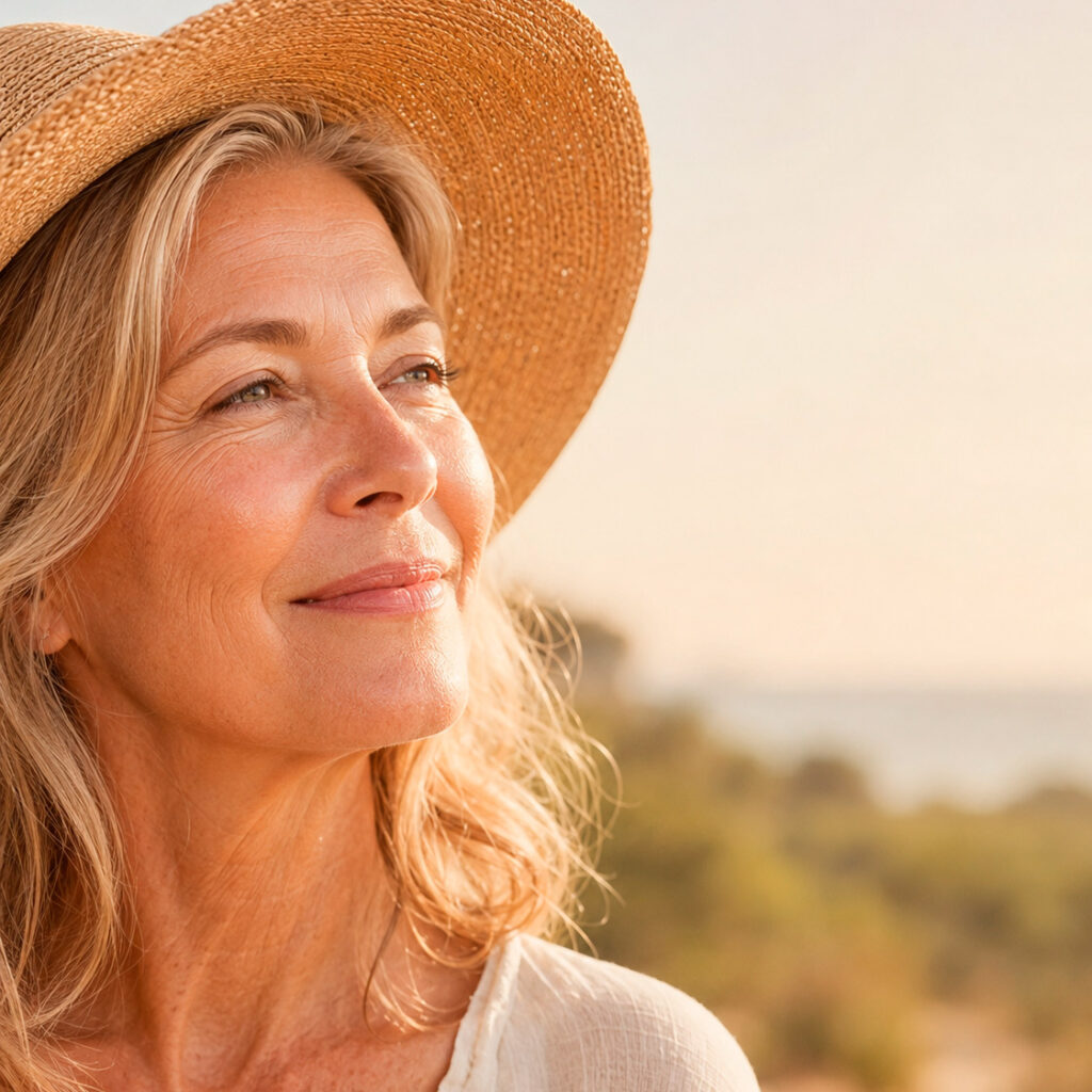 Woman in straw hat at sunset outdoors