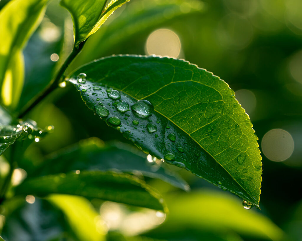 Close-up of green leaf with water droplets
