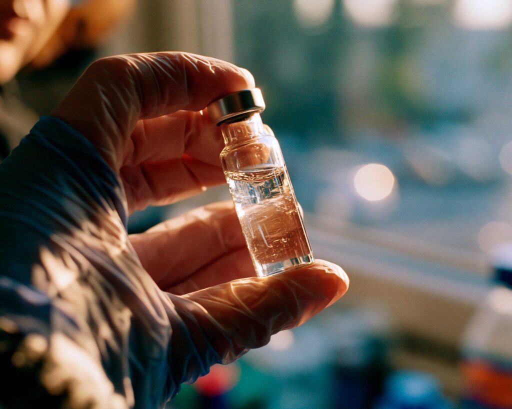 Gloved hand holding small vaccine vial