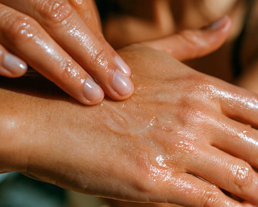 Hands applying gel to top of foot