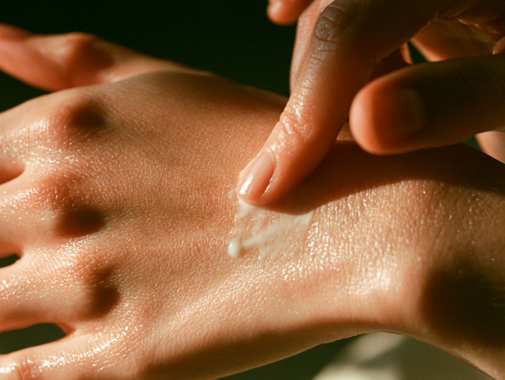 Applying moisturizing cream to the back of hand
