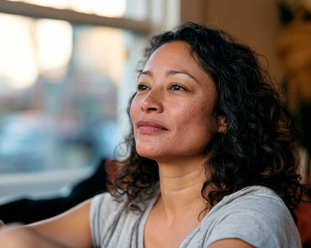 Woman gazing thoughtfully by sunlit window