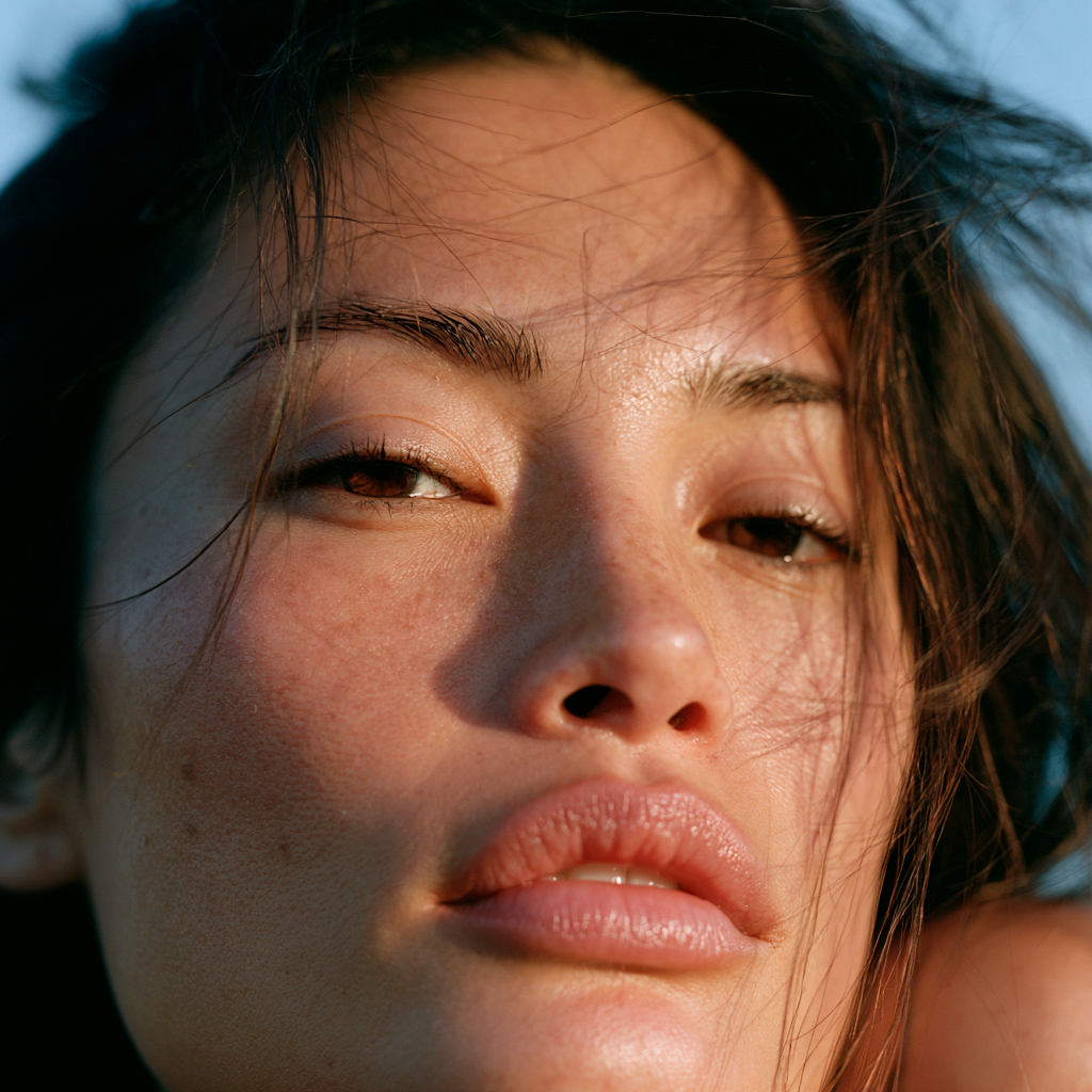 Close-up portrait of woman in golden sunlight