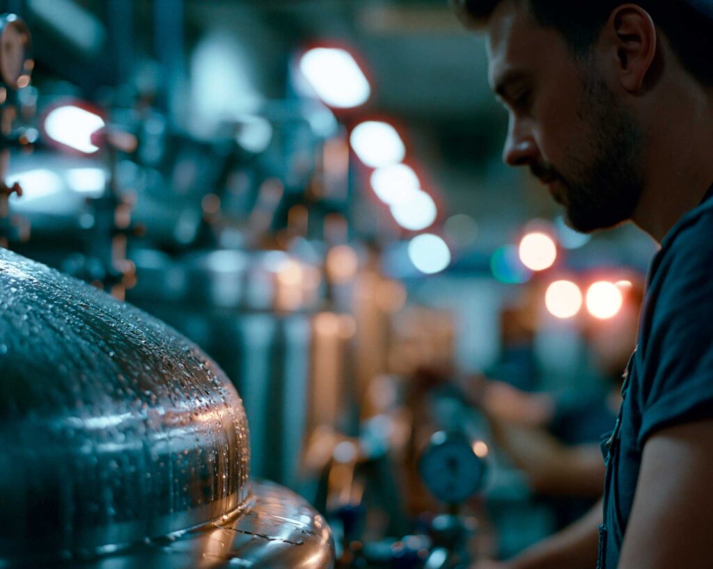 Worker inspecting stainless steel tank in factory