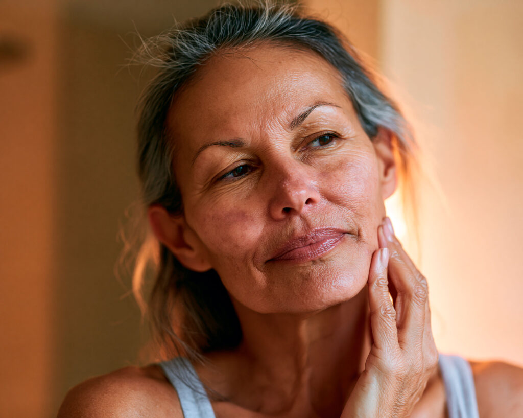 Close-up of woman touching her cheek thoughtfully