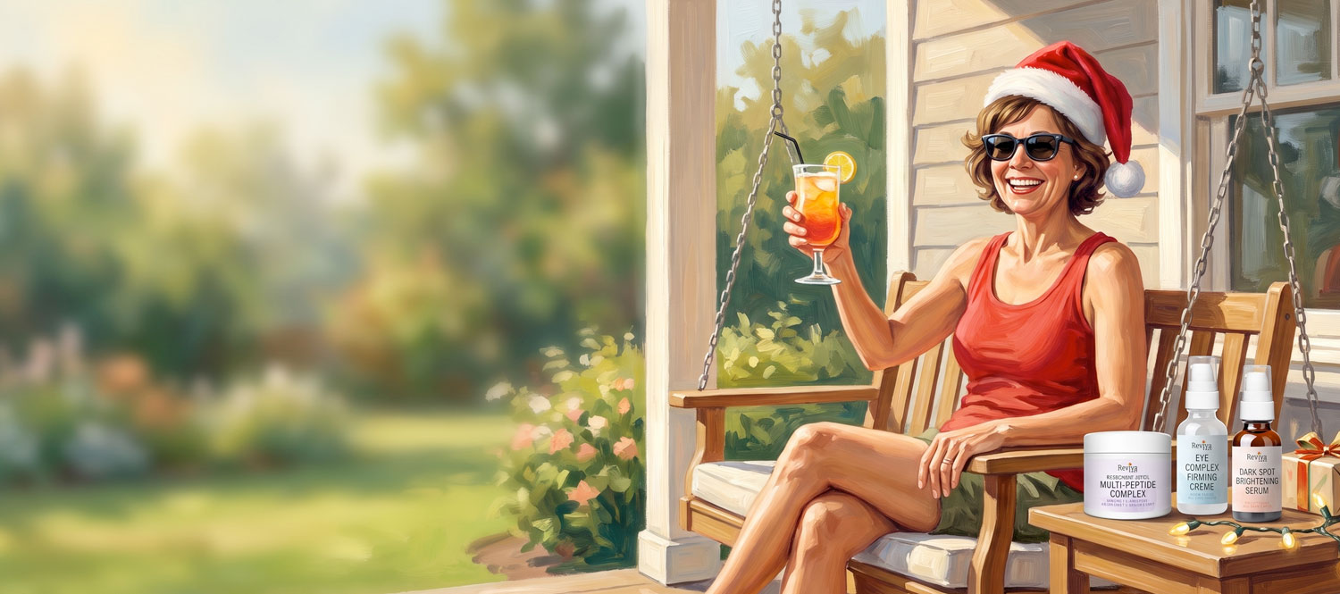 Woman in Santa hat enjoying drink on porch