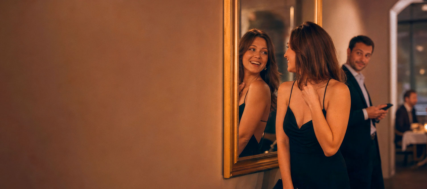 Woman in black dress smiling at mirror