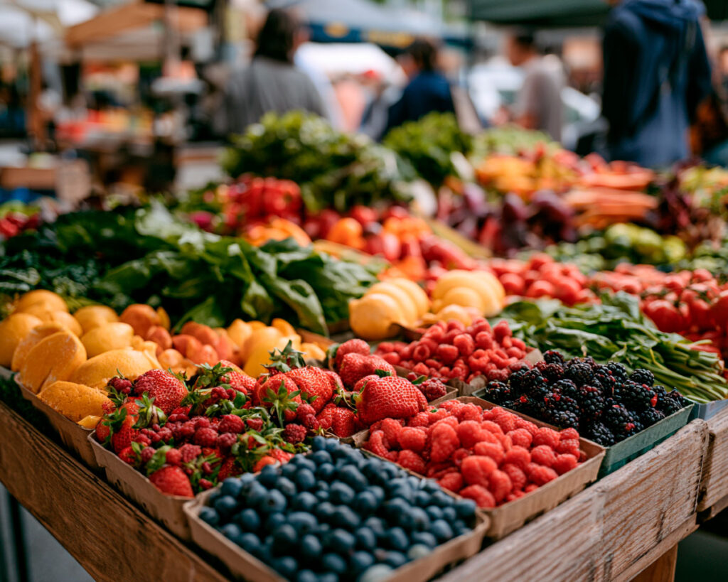 Fresh berries and produce at outdoor farmers market