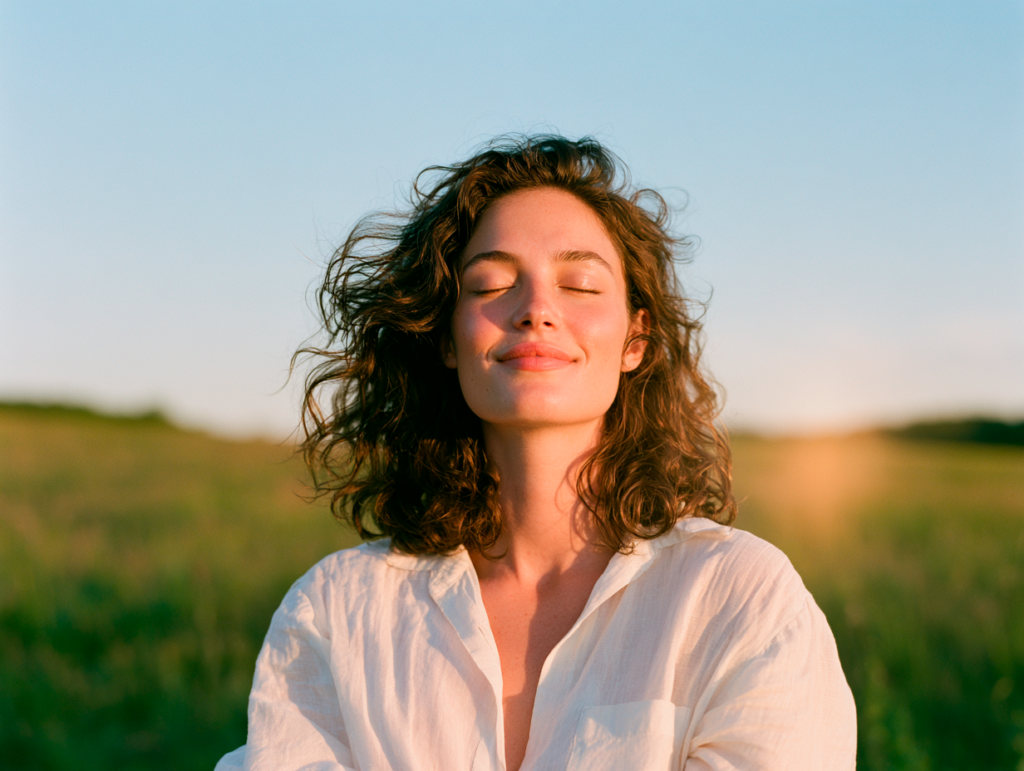 Woman enjoying sunset in open grassy field