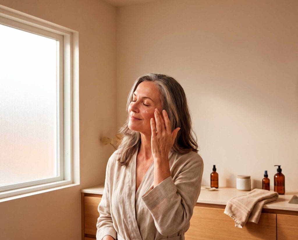 Woman applying facial cream by bathroom window