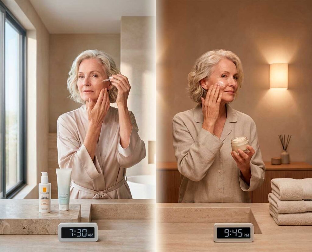 Older woman applying skincare morning and night routine