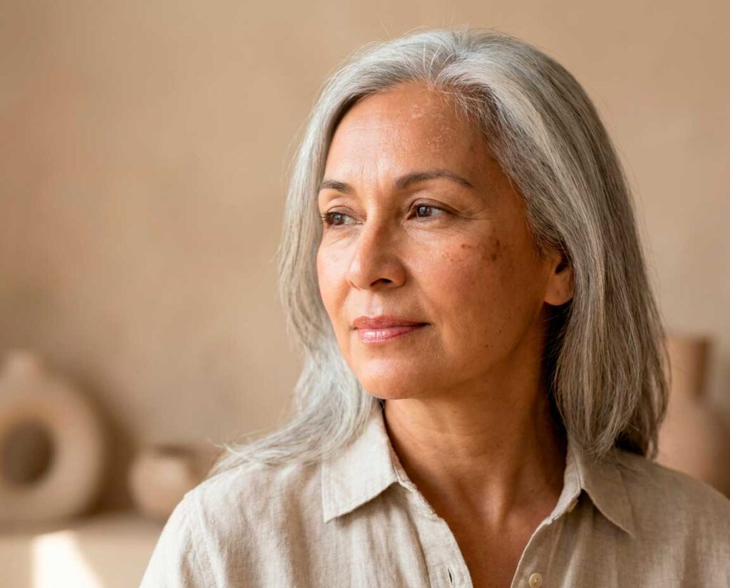 Portrait of gray-haired woman looking sideways indoors