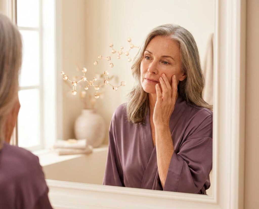 Mature woman examining skin in bathroom mirror