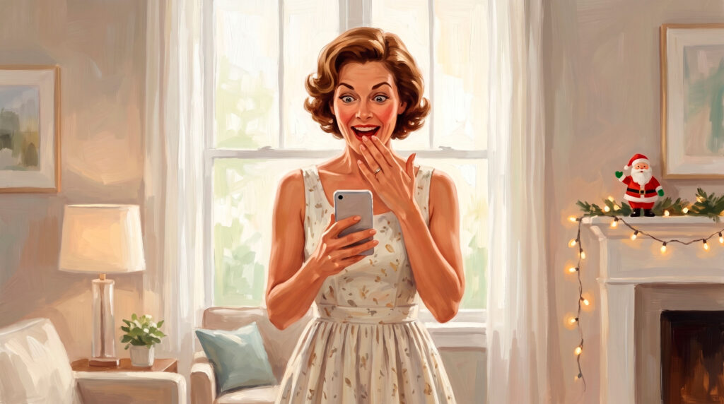 Surprised woman reading smartphone in cozy holiday living room