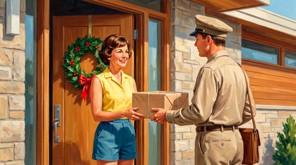Mail carrier delivering package to smiling woman at door
