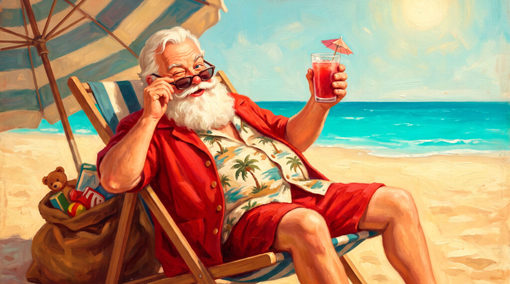 Santa Claus relaxing on beach with cocktail