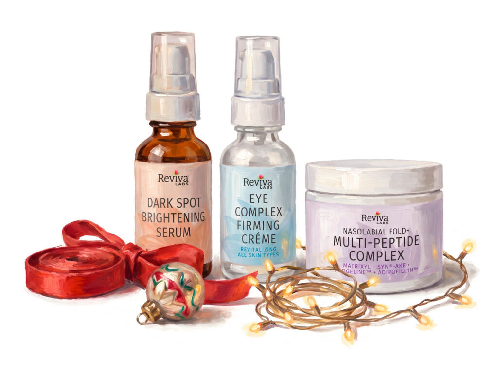 Reviva Labs skincare products with holiday decorations