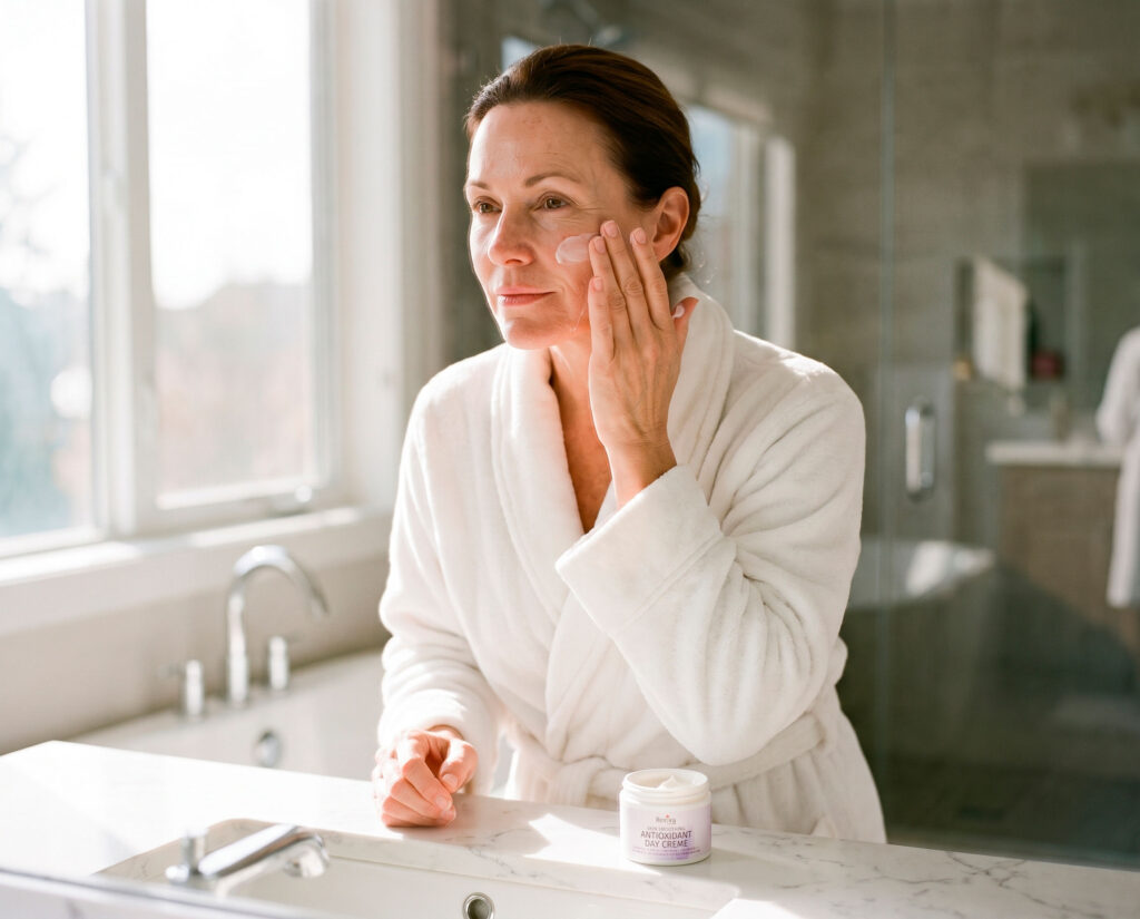 Woman applying face cream in bright bathroom