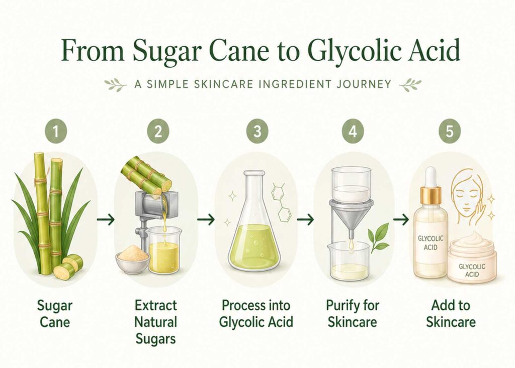 Infographic showing sugar cane to glycolic acid process