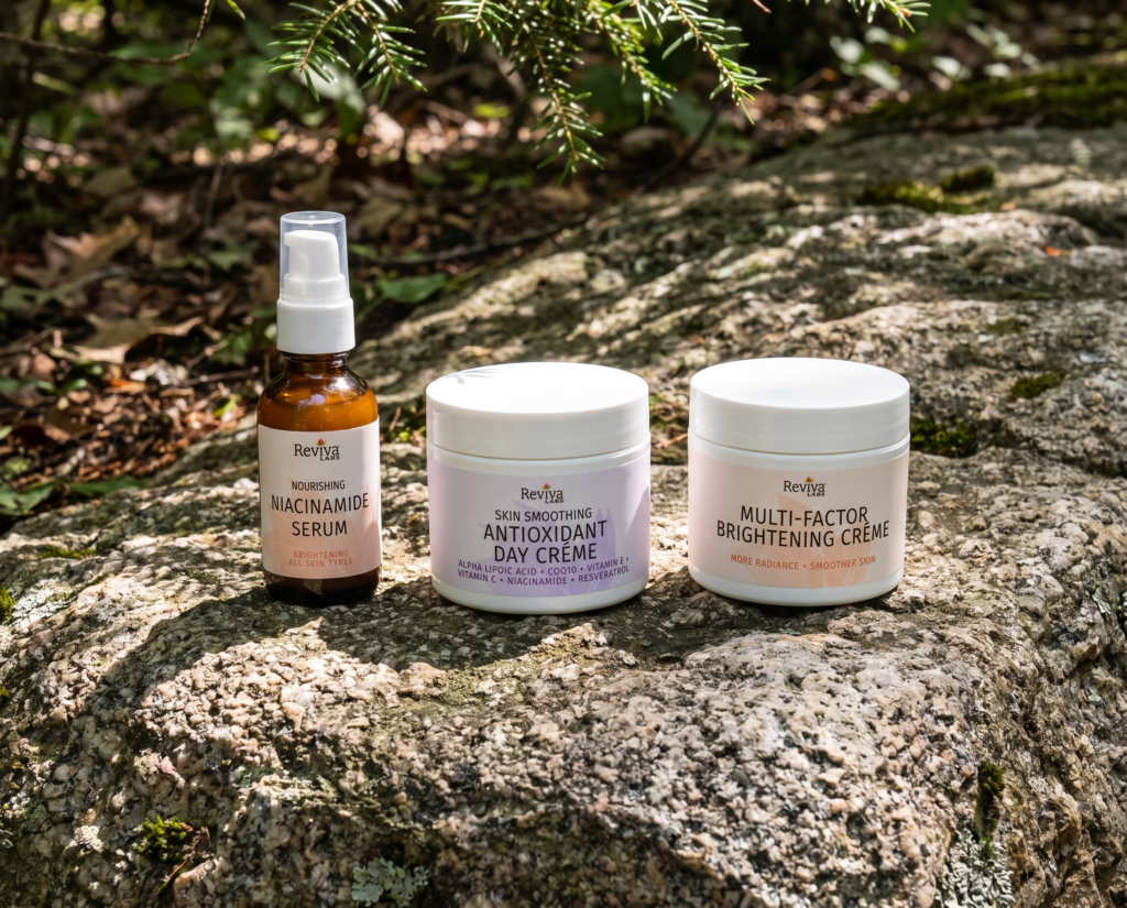 Reviva Labs skincare products on outdoor rock