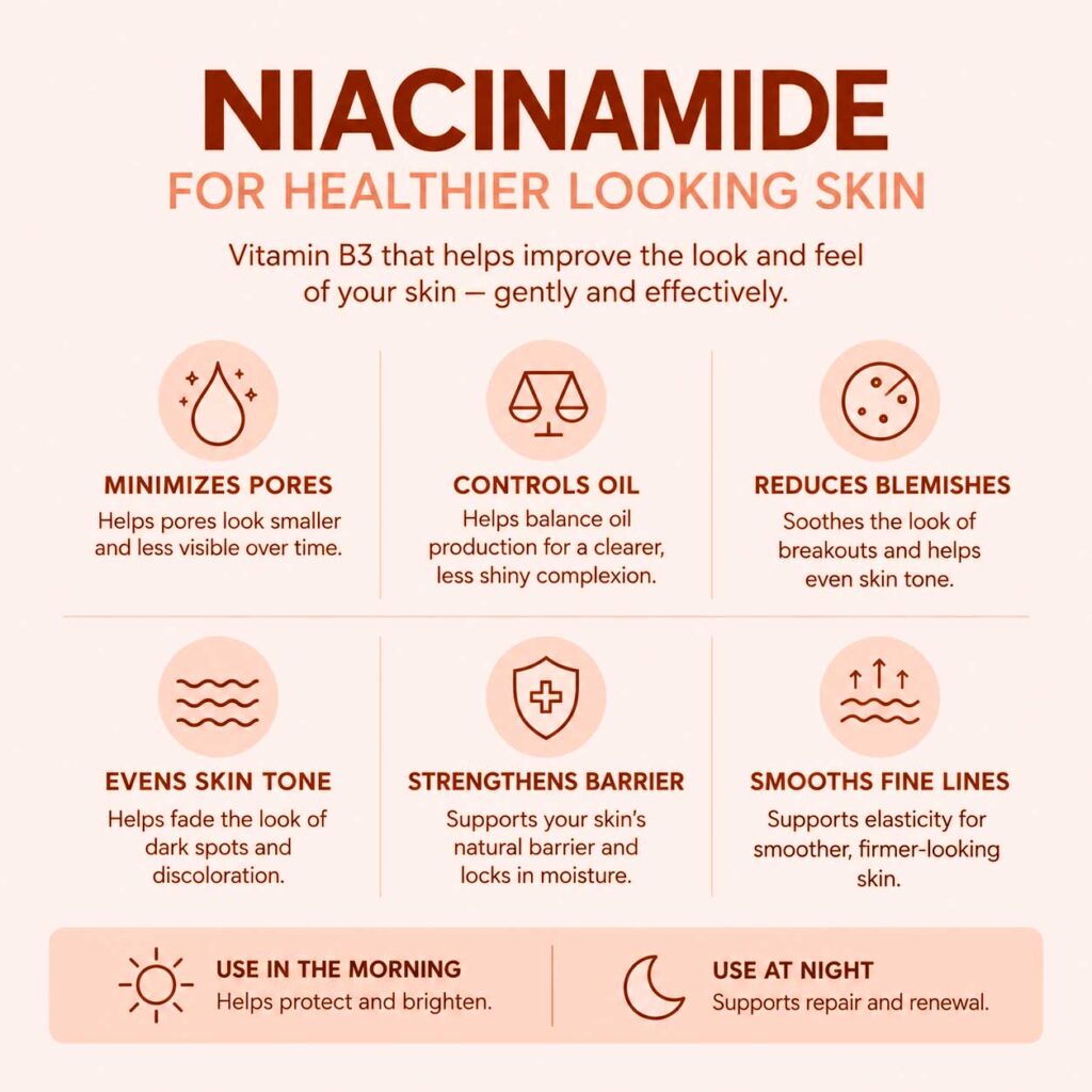 Niacinamide skincare benefits infographic with icons