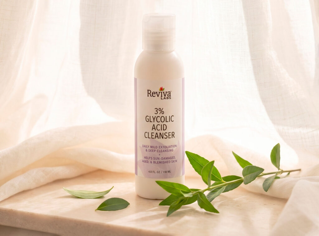Reviva Labs 3% Glycolic Acid Cleanser bottle with green leaves