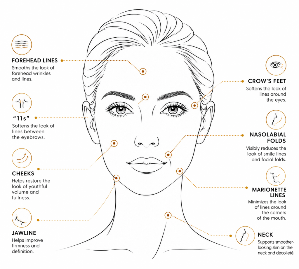 Diagram of facial wrinkle treatment areas labeled