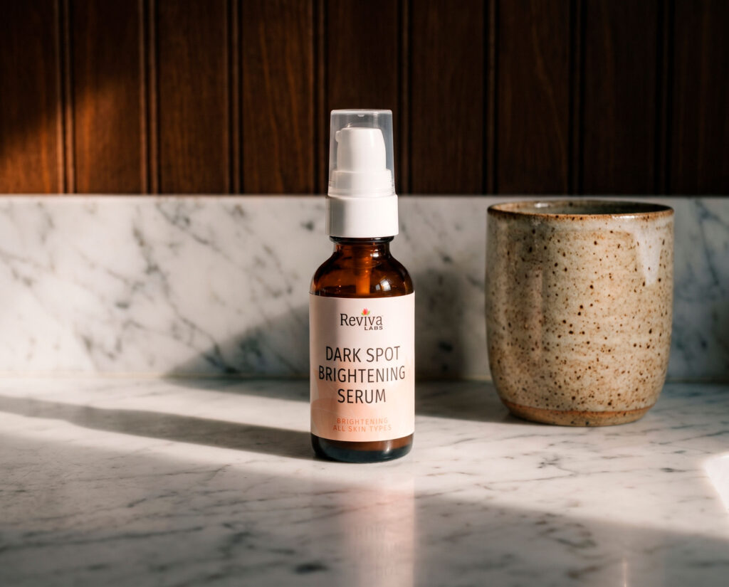 Dark spot brightening serum bottle on marble counter