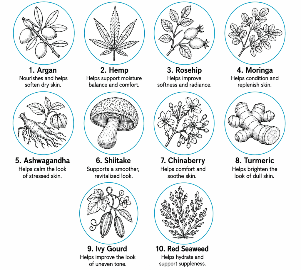 Illustrated chart of ten botanical skincare ingredients and benefits
