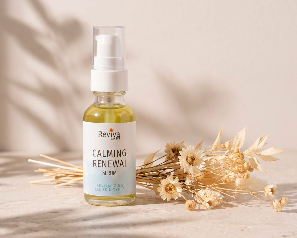 Reviva Labs Calming Renewal Serum beside dried flowers