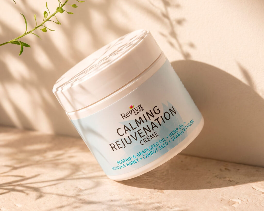 Reviva Labs Calming Rejuvenation Crème jar in sunlight