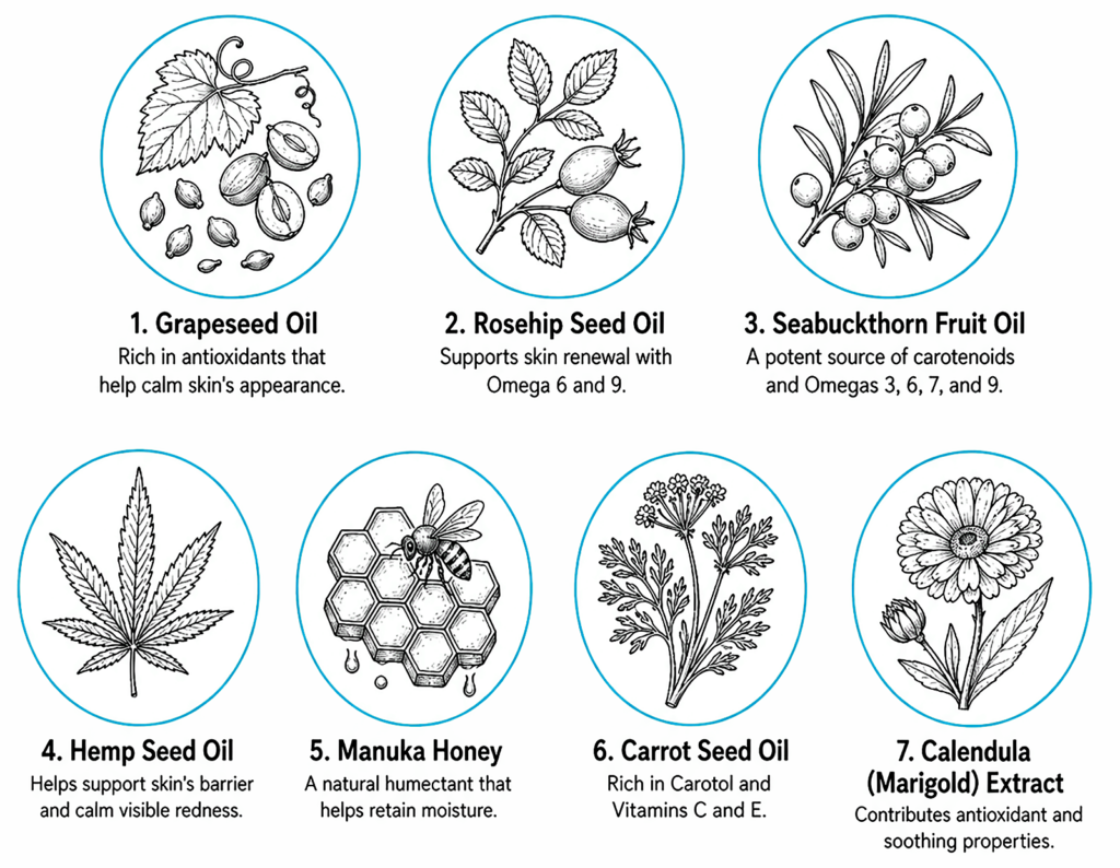 Infographic showing seven natural skincare oils and extracts