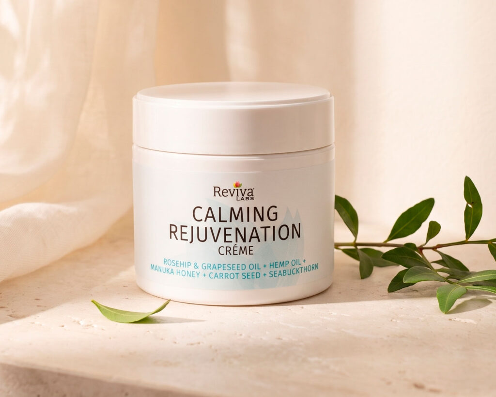 Reviva Labs Calming Rejuvenation Crème jar with green leaves