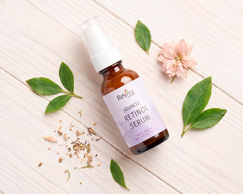 Reviva Labs Advanced Retinol Serum bottle with leaves and flower