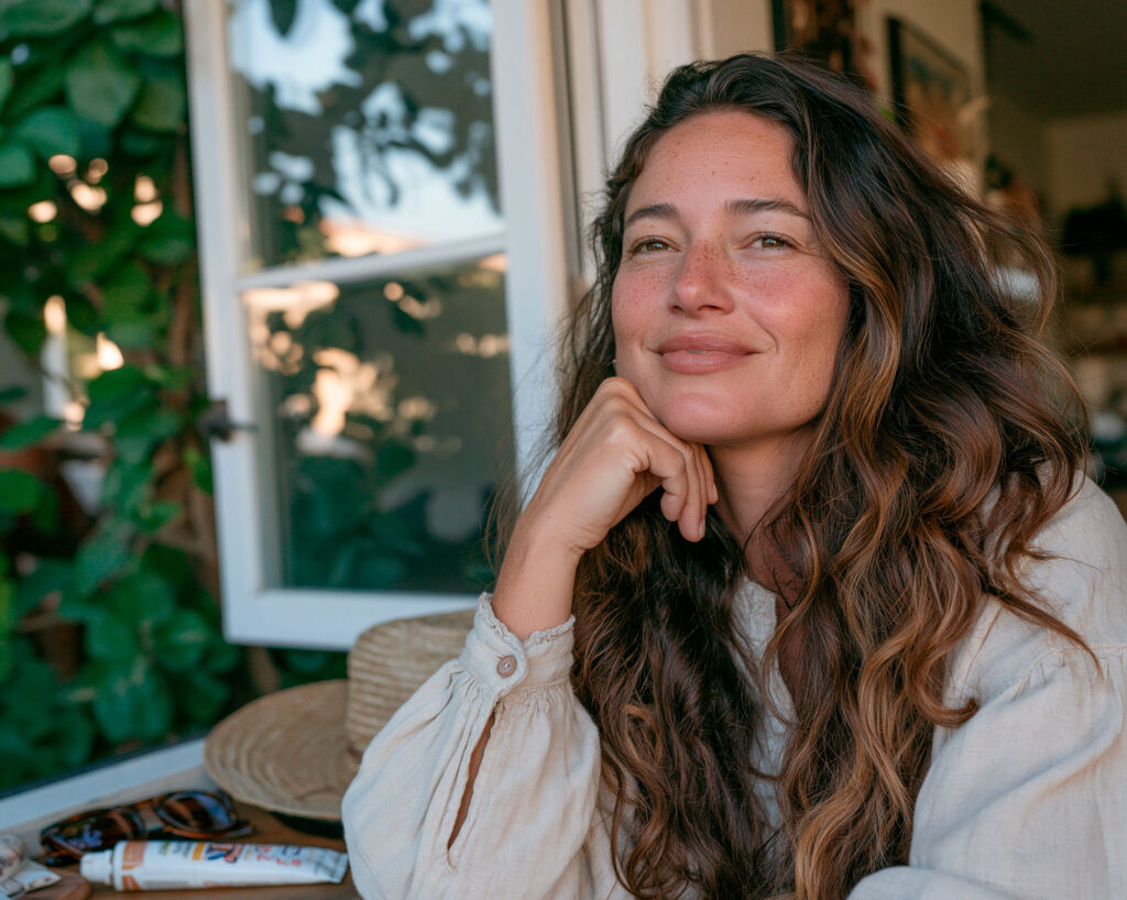 Woman with long hair smiling by window