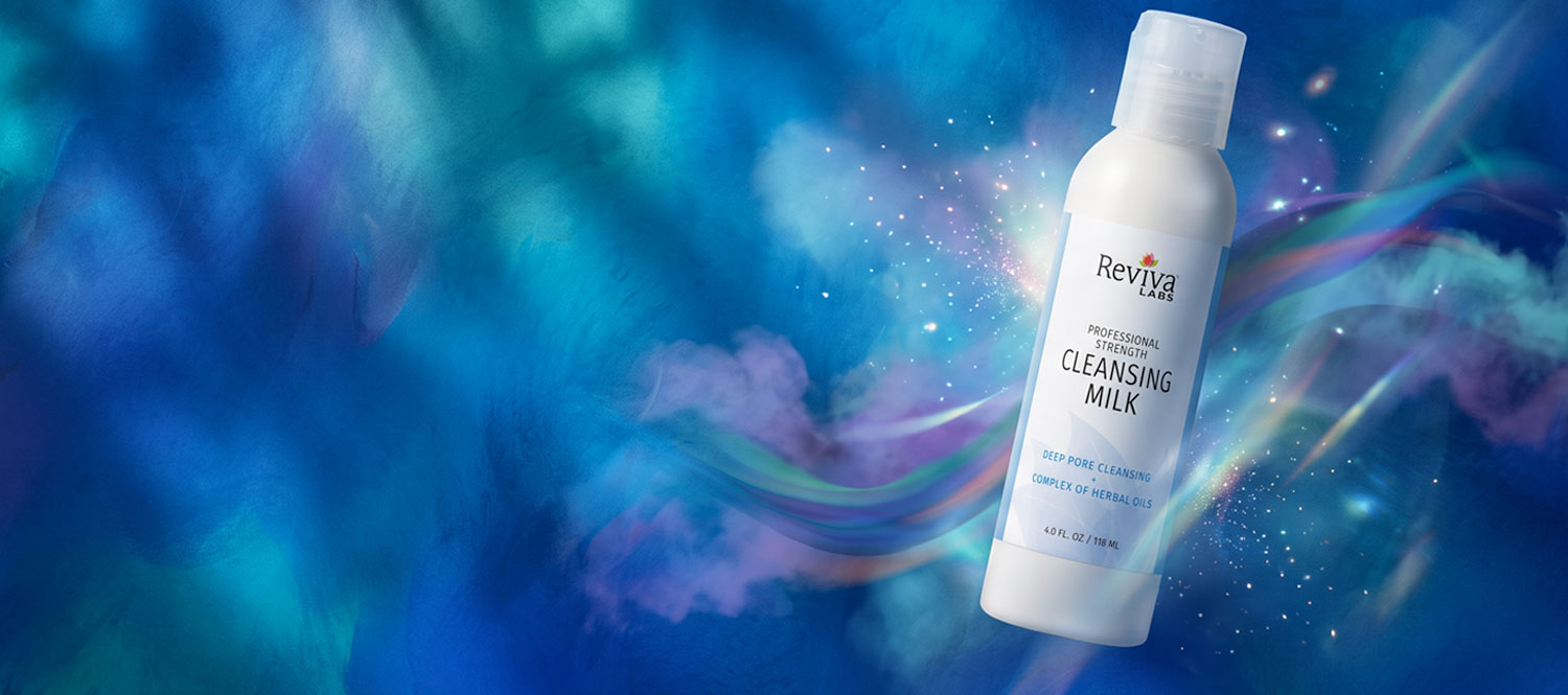 Reviva Labs Cleansing Milk bottle on blue background