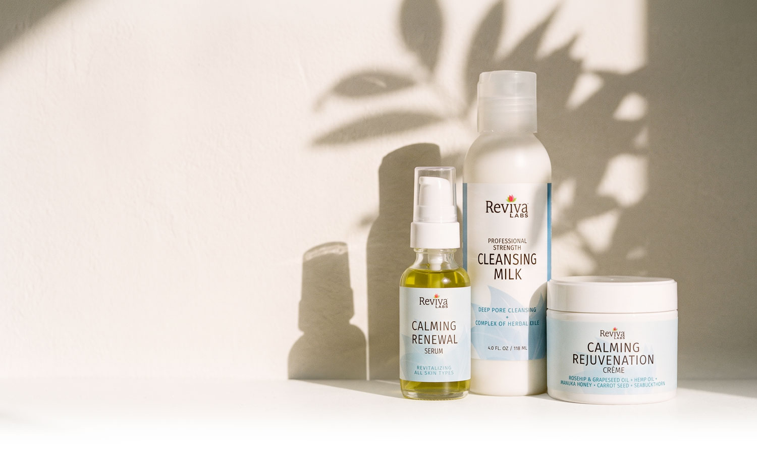 Reviva Labs calming skincare products in warm sunlight