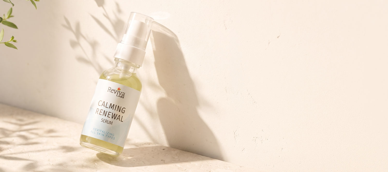 Reviva Labs Calming Renewal Serum bottle in sunlight